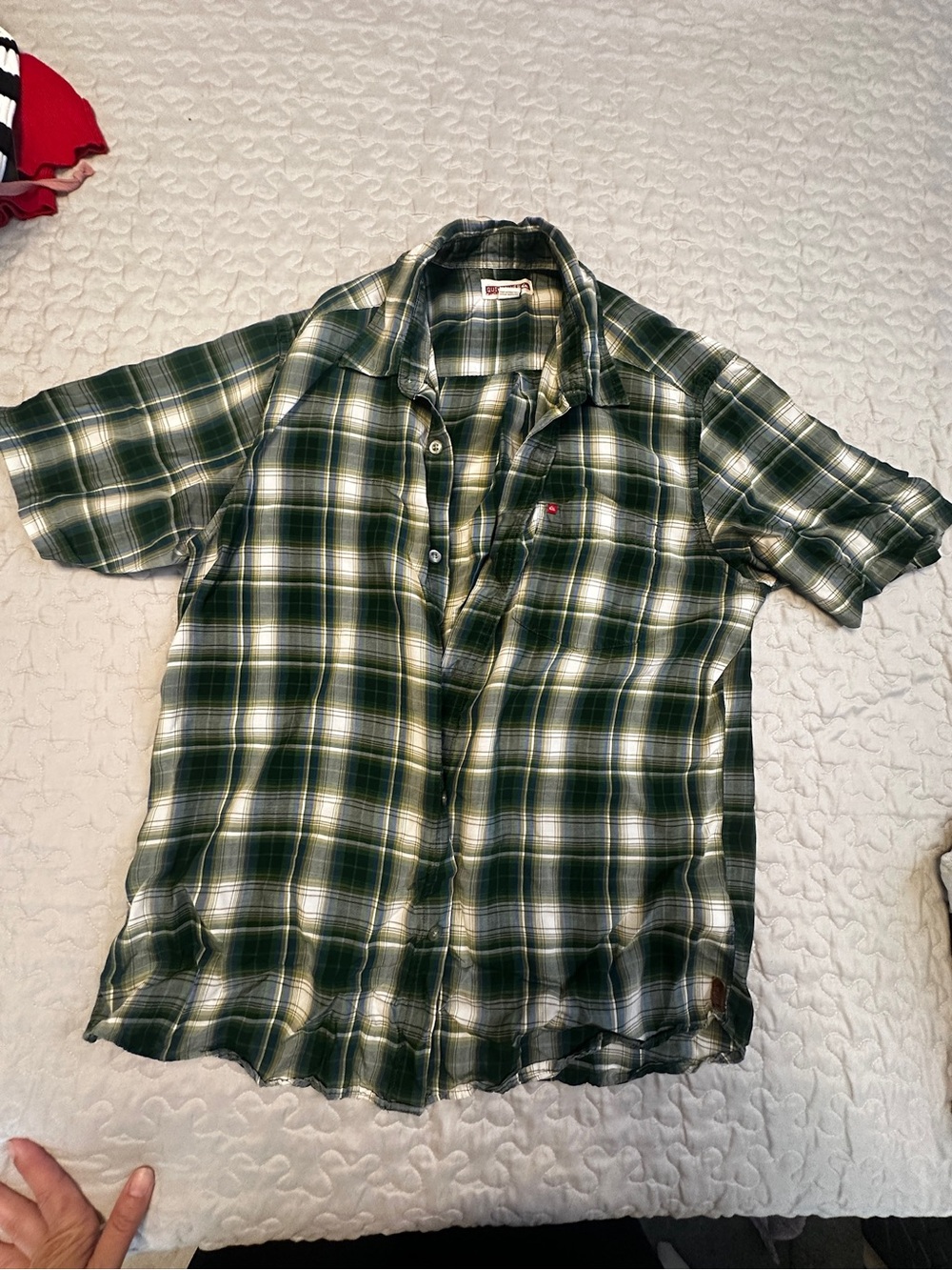 Quiksilver Green and White Plaid Short-Sleeve Button-Down Shirt